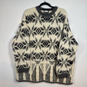 DKNY Womens Sweater Heavy Handknit Alpaca Large Oversize Long Body Snowflakes